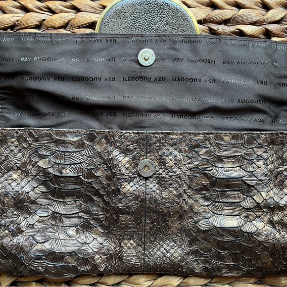 R&Y Augousti Metallic Bronze Snakeskin Clutch w Shagreen/Brass Details - Picture 3 of 8